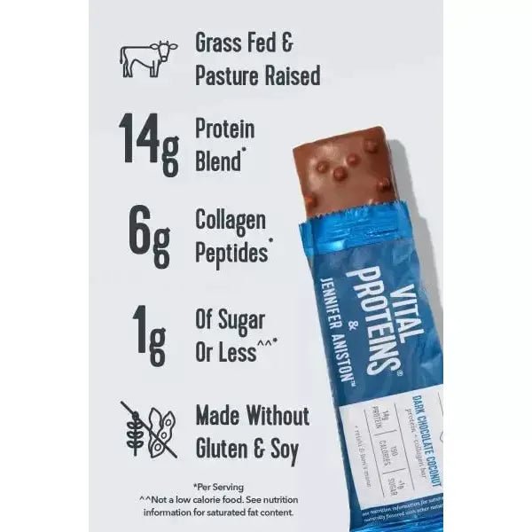 Vital Proteins & Jennifer Aniston Dark Chocolate Coconut Flavored Protein and Collagen Bar - Beautifox